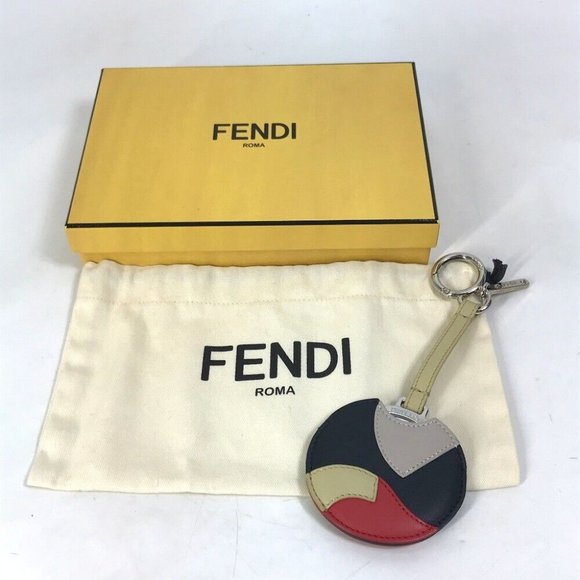 FENDI mirror Key Holder Key Ring Bag Charm Leather Black x Red x Beige - Picture 8 of 11